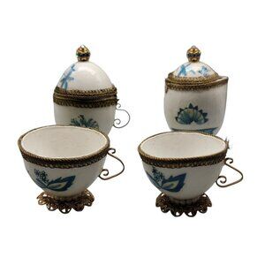 Egg Shell Childs Tea Set Handmade Vtg 4 Piece Set 2 Teacups Sugar Bowl Creamer